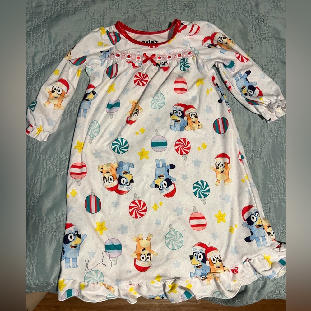 SOLD Adorable fleece Bluey Cartoon Print Kids Christmas themed Nightgown